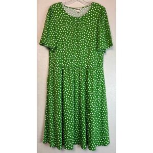 Boden Green Polka Dot Midi Dress Short Sleeve Gathered Waist Pockets 12L 2056